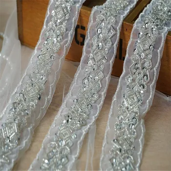 

1 yard Silver Beaded Lace Trim Tape Fabric Ribbon DIY Collar Sewing Garment Headdress materials Leaf Lace.