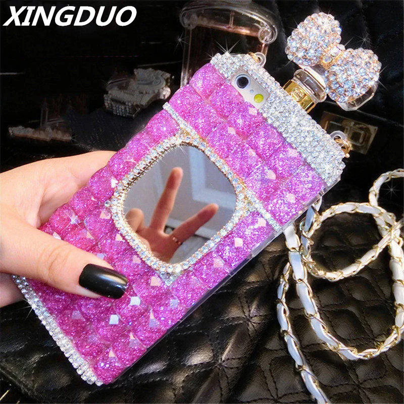 

XINGDUO for Samsung Note 5 8 9 S6 S7 edge S8 S9 S10 Plus Diamonds Rhinestone mirror Perfume bottle soft phone case back cover