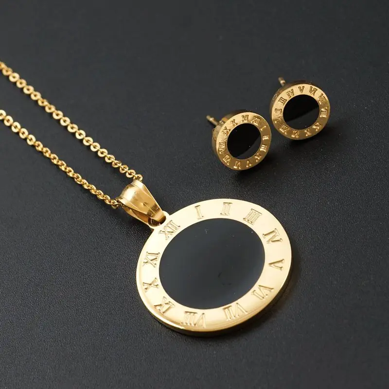 

Gold Color Stainless Steel Jewelry Stes Roman Number Women Earrings & Necklace Set for Female Jewelry Round Black Disc Design
