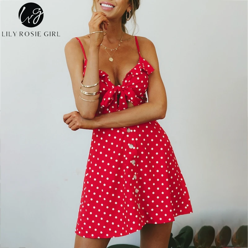

Lily Rosie Girl Short Sexy Backless Casual Dress Spaghetti Strap Beach Summer Dress Dot Bow V Neck Women Dress Vestidos 2018