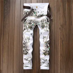 2017 бренд разработан Высокое качество Эластичность белые джинсы мужские модные цветочным узором джинсовая Штаны High Street Style мужские джинсы