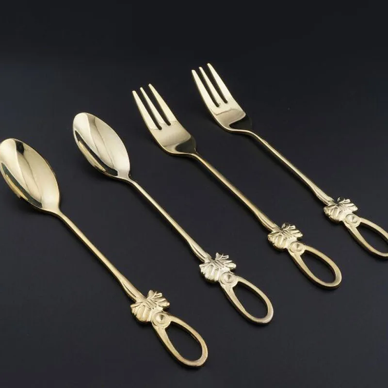 

Gold Stainless Steel Romantic Butterfly Long Handle Coffee Desert Spoon Fruit Fork Smooth Flatware