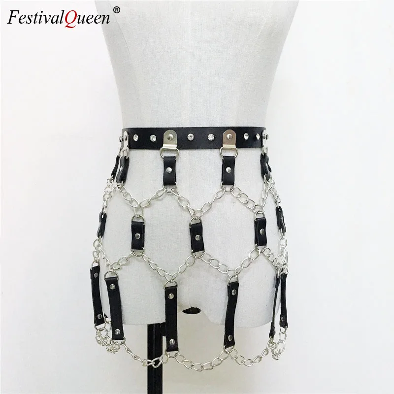

Gothic Faux Leather Harness Belt Skirt Women Metal Link Chain Patchwork Hollow Out Rave Party Nigh Club Mini Skirt