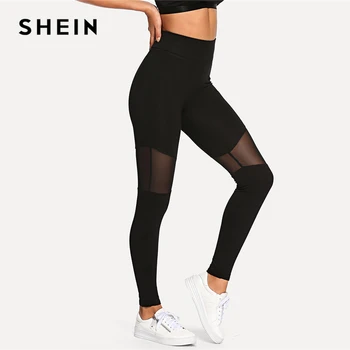 

SHEIN Black Casual Sexy Contrast Mesh Contrast Skinny Solid Leggings Summer Women Trousers