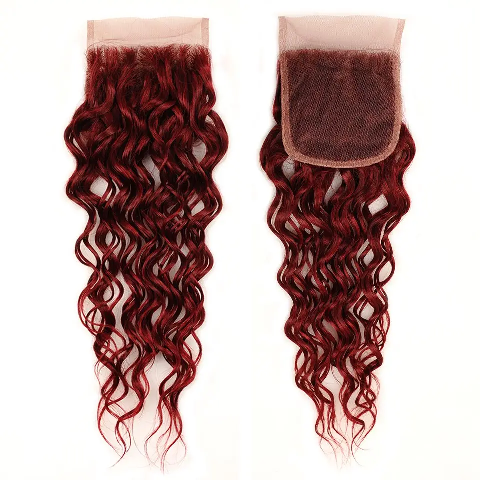 Bold Red Indian Water Wave Human Hair 3 Bundles With Lace Closure Pinshair Hair Non Remy Burgundy 99J Wet Wavy Hair Pre-Colored (10)