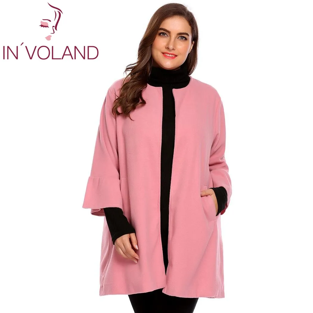 

IN'VOLAND Plus Size L-4XL Women's Parka Coat Autumn Winter Flare Long Sleeve Jacket Open Front Solid Woolen Overcoat Outwear