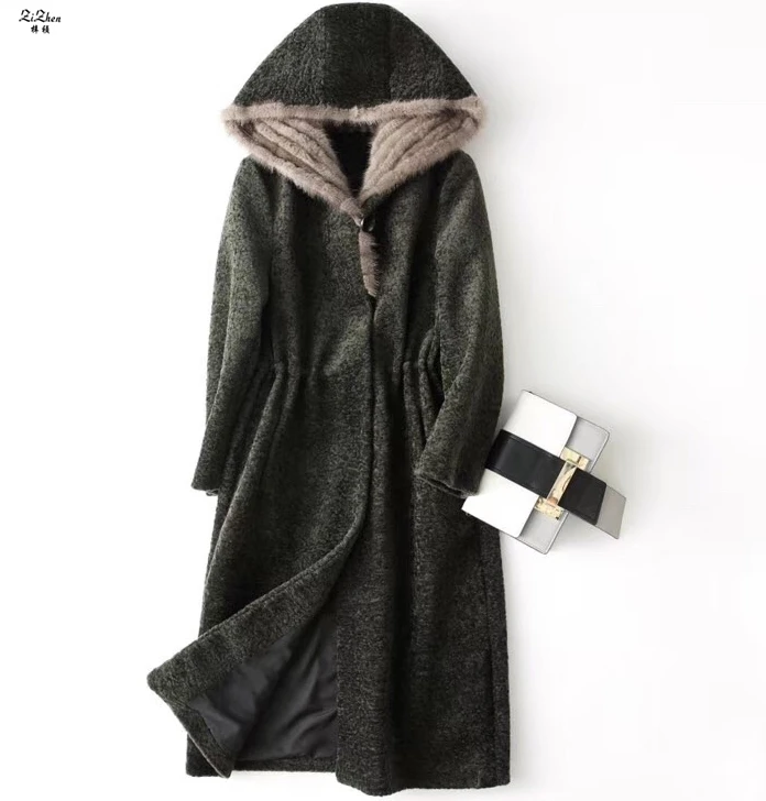 D'agneau Zizhen Femmes Réel Avec De Hiver Laine Capot En Army noir Chaud Crit Long Vison 4 Naturel Green camel Peau Moutons Fourrure Manteau bourgogne 180718 rCzrqEn