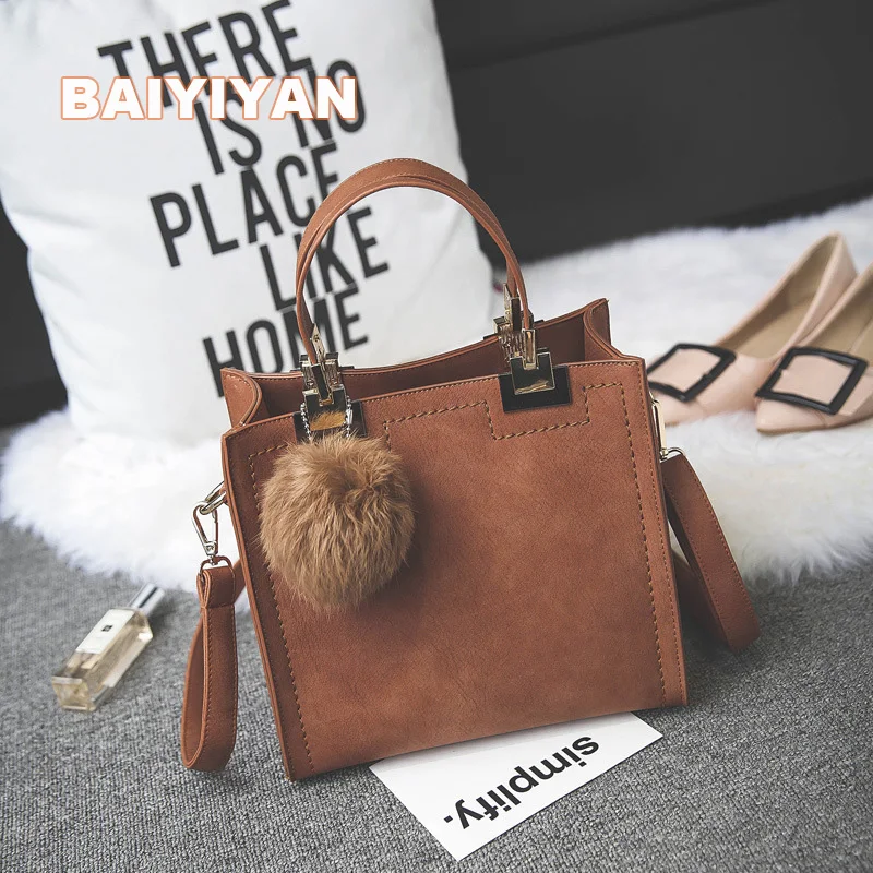 2017 New Arrival fur ball Women Handbag Fashion Matte Leather Shoulder Bag Small Flap Casual Cross Body Bag Retro Tote