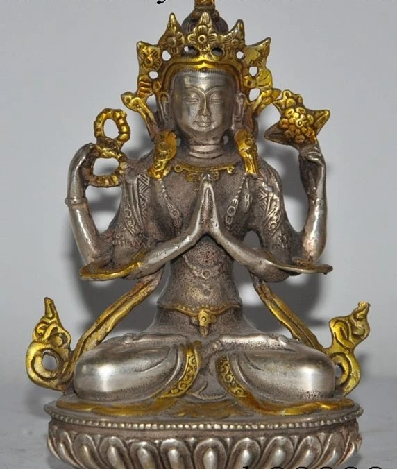 

6" chinese tibet buddhism silver 4 Arms Chenrezig Kwan-Yin goddess buddha statue