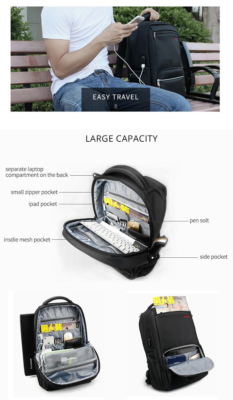 Tigernu, мужской нейлоновый рюкзак для ноутбука, противоугонные Водонепроницаемые рюкзаки, большая емкость, USB зарядка, школьный рюкзак, мужской рюкзак для путешествий, Mochila