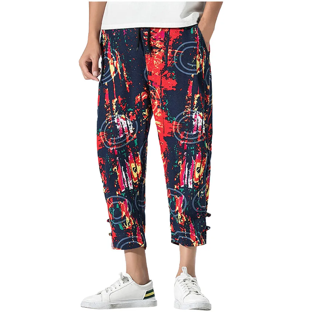 Pantalones hombre 2019 мужские повседневные винтажные свободные хлопковые льняной с принтом лоскутные брюки до щиколотки calca masculina