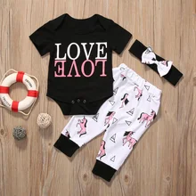 3 шт. комплект для малышей для новорожденных Одежда для маленьких мальчиков и девочек модные короткий рукав черный комбинезон с надписью+ длинные штаны с рисунком+ повязка на голову детская одежда