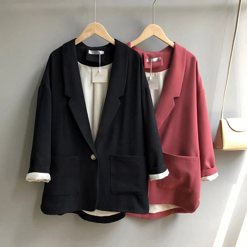 

2019 Summer Blazer Jacket Office Lady Loose Chic Small Suit Jacket Korean Formal OL Single Button Blazer