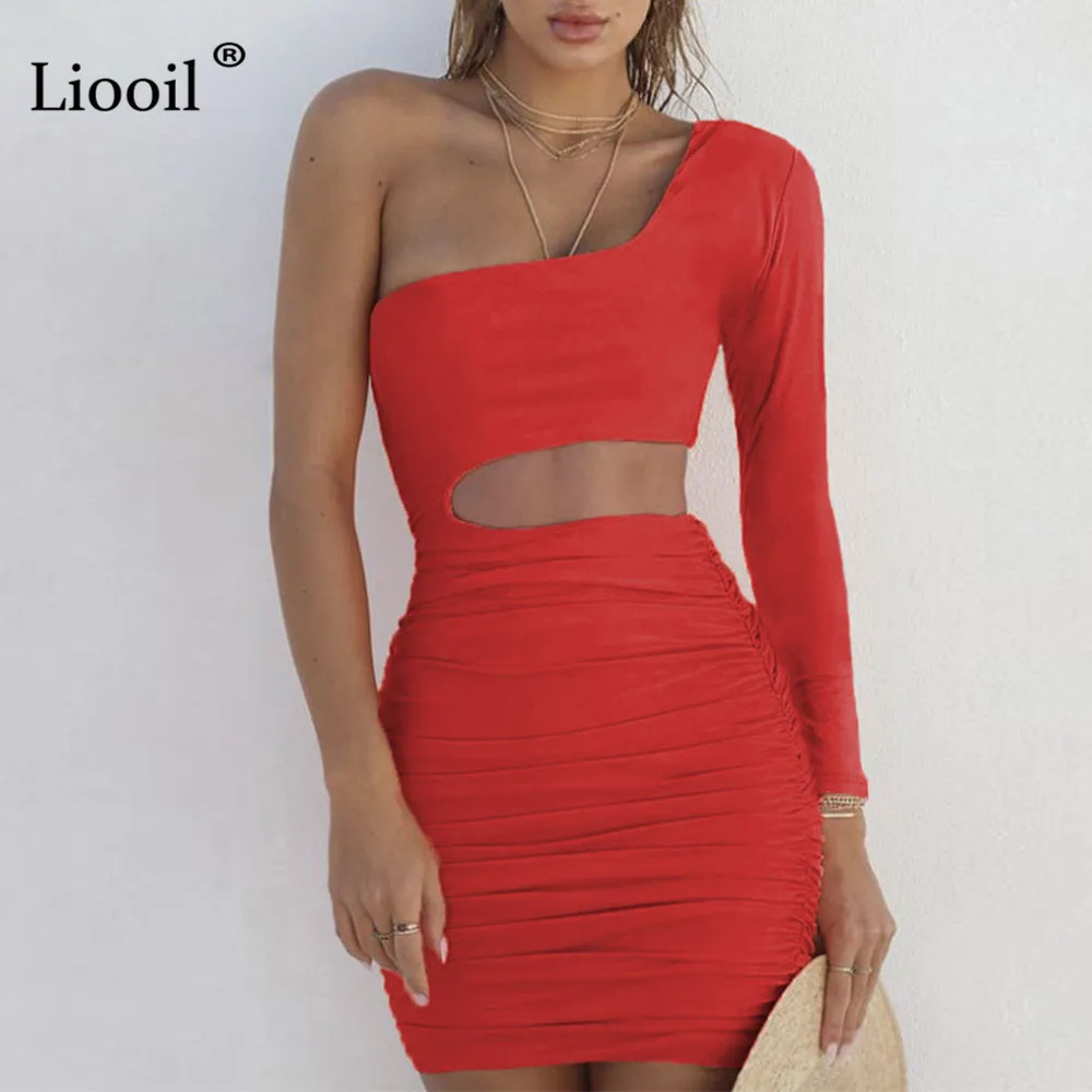 

Liooil Sexy Bodycon Draped Mini Dress Women 2019 Spring Off One-Shoulder Long Sleeve Hollow Out Asymmetrical Black White Dress