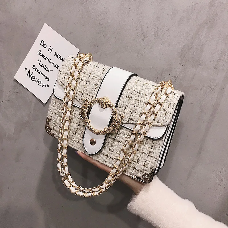 

2018 autumn new fashion simple tweed Messenger bag female trend wild chain small square bag.