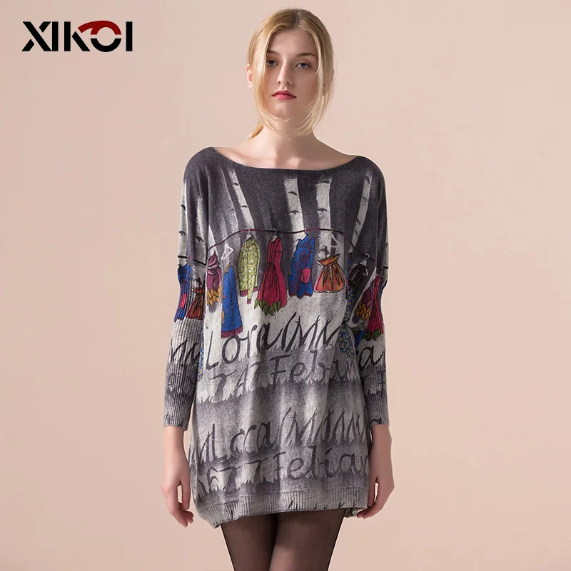 XIKOI Autumn 2018 Causal New Women Long Sweater Coat Fashion Ladies Pullovers Batwing Sleeve Woman Print Pullover Cloth | Женская одежда