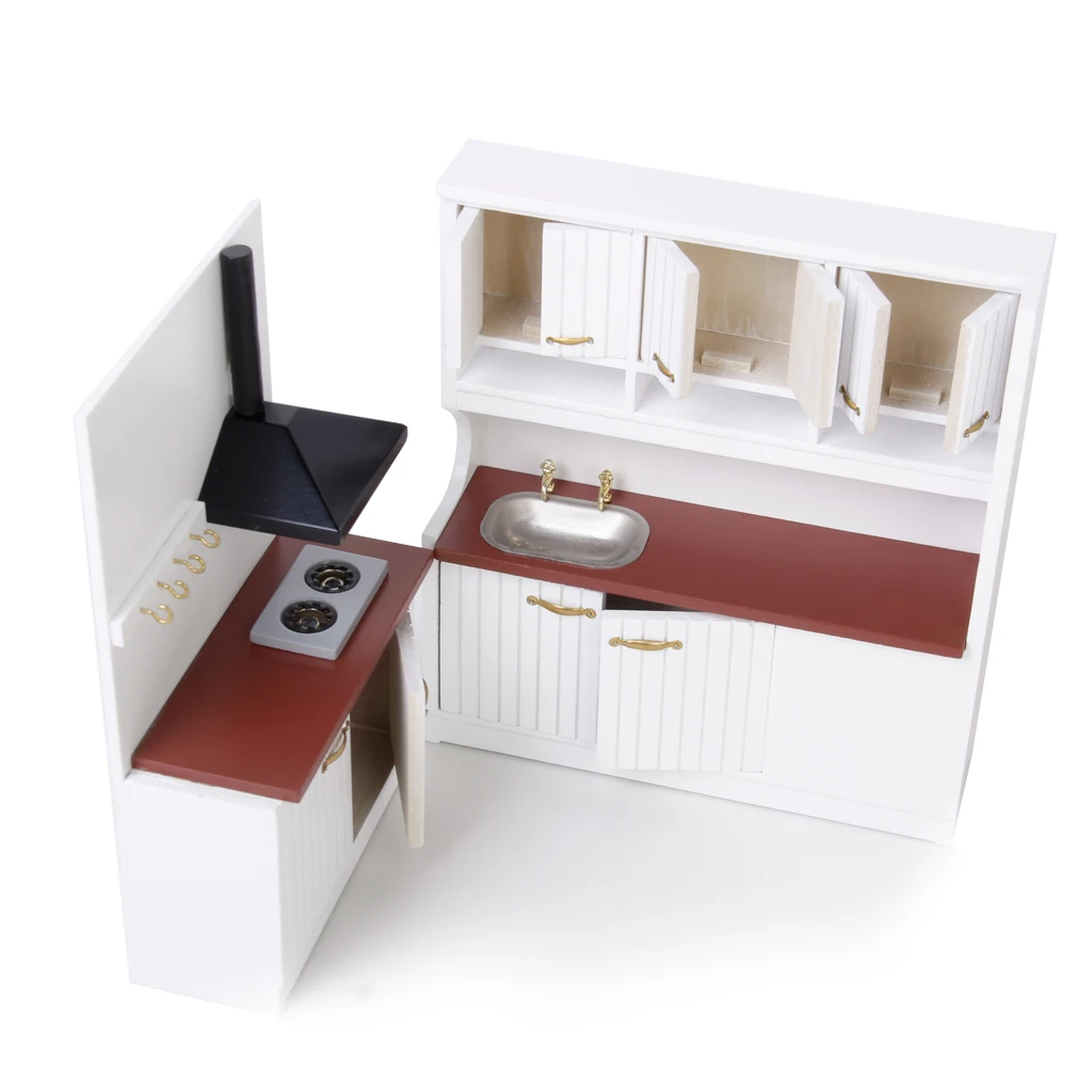 Dollhouse Miniature Furniture Wooden Kitchen Stove Sink Cabinet Cupboard Set