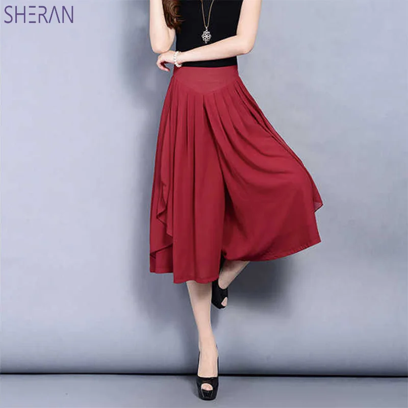 SHERAN новые летние женские брюки шифоновые широкие брюки с высокой талией свободные брюки повседневные юбки брюки черные Большие размеры Pantalon Pemme - Цвет: red