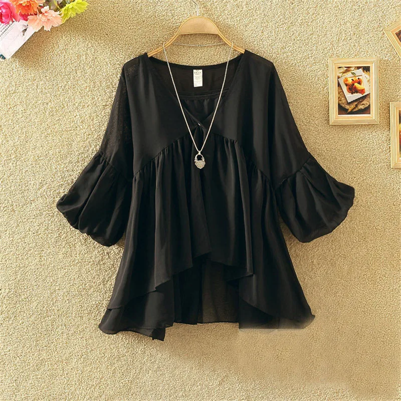 Women Floral Print Blouse Casual V-Neck Chiffon Blouses Lady Lantern Sleeve Ruffles Shirts irregular Blusas Tops Plus Size A1338 5