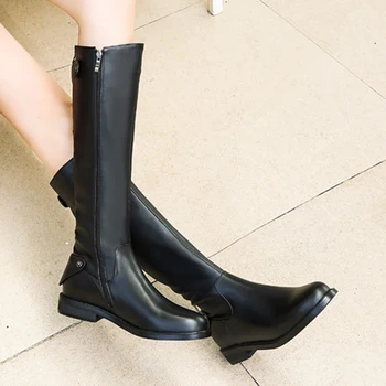 

Rivet Strap Fashion Sexy Boots Shoes Woman Genuine Leather Knee-High Plush Booties Female Winter Lady Heel Shoes Plus Size 42