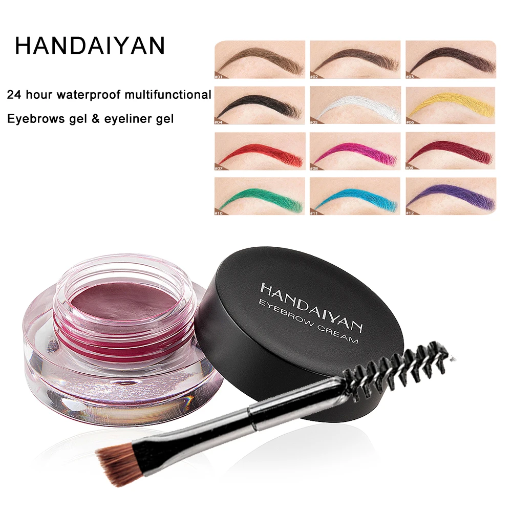 

HANDAIYAN New Arrival 24 Hour Waterproof Multifunctional Eyebrow Gel Eyeliner Gel Makeup 12 Color Eyebrow Cream With Brush Tool