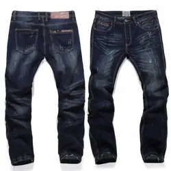 Высокое качество плюс размер 40 Чистый цвет классический синий деним прямые брюки стрейч джинсовые мужские джинсовые брюки