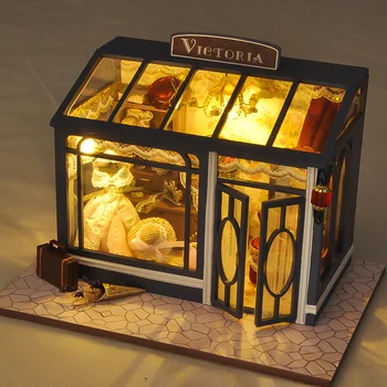 

Miniature Tailor Shop Dollhouse With Furniture Kits DIY Wooden Dolls House Accessories With LED Lights Children Birthday Gift