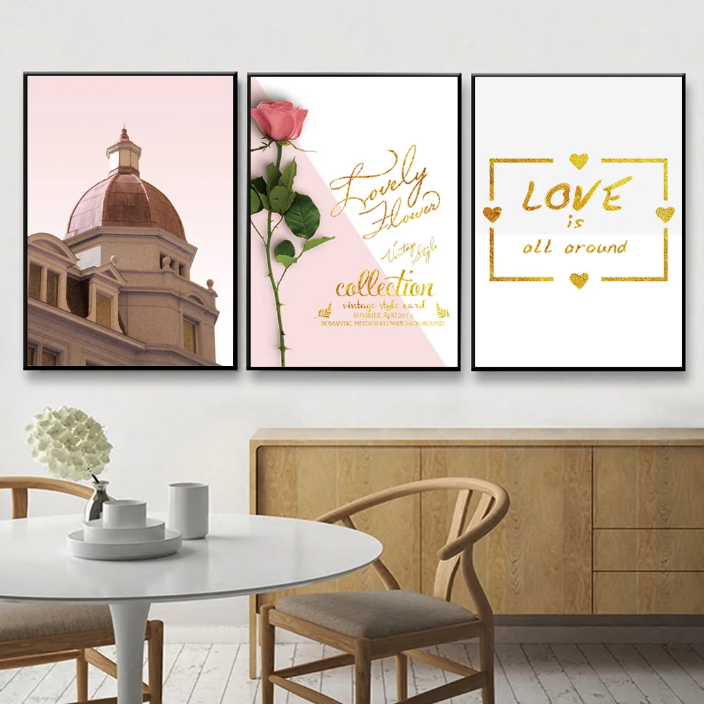 Art Prints Nordic Poster Pink Rose Canvas Pictures For Living Room Love Wall Art Canvas Painting Landscape Wall Painting framed