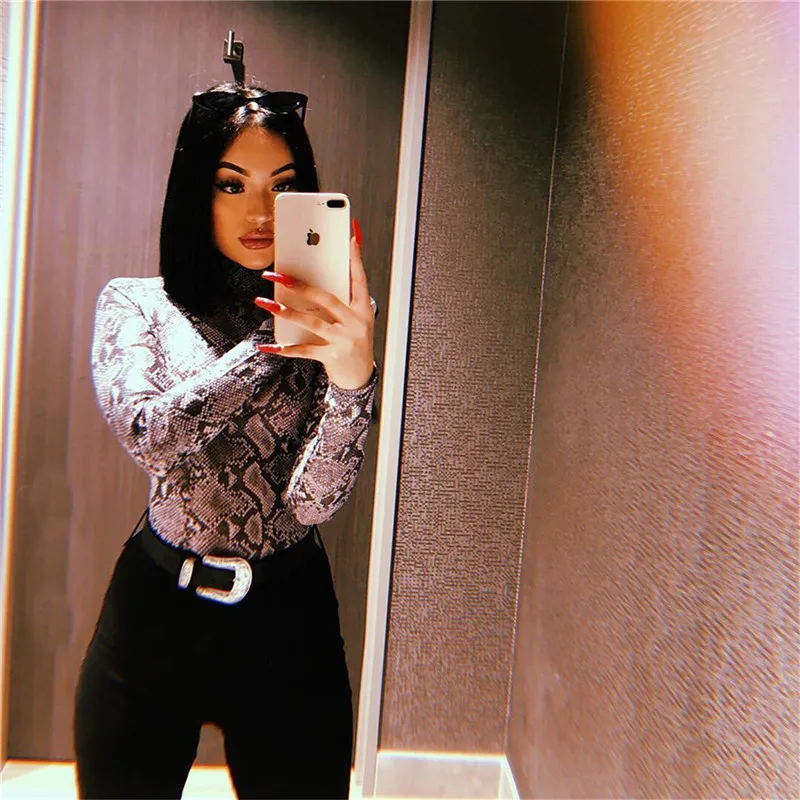 BOOFEENAA ثعبان زي الياقة المدورة طويلة الأكمام ارتداءها المرأة انظر من خلال مثير داخلية حزب نادي Bodycon ليوبارد أعلى C55I30
