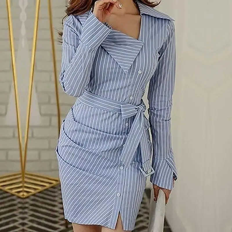 

Women Elegant Fashion Striped Button Bodycon Vestido Blouse Pinstripes Ruched Irregular Belted Shirt Dresses