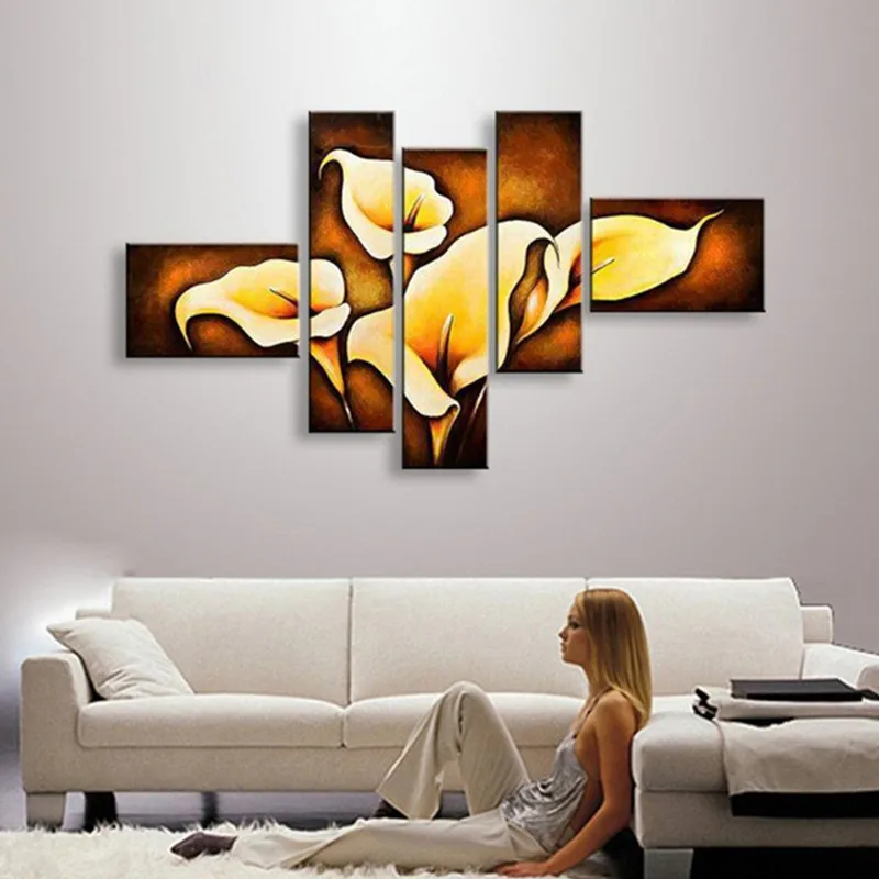 

Large Canvas Floral Paintings For Living Room Modern Hand-painted Abstract Lily Flowers Oil Painting 5 Panel Wall Art Pictures