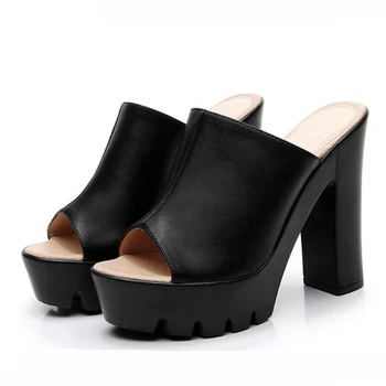 

Open Toe High Heels Platform Shoes For Ladies Summer Women's Slippers Fashion Split Leather Shoes Office Work Black Block Heels