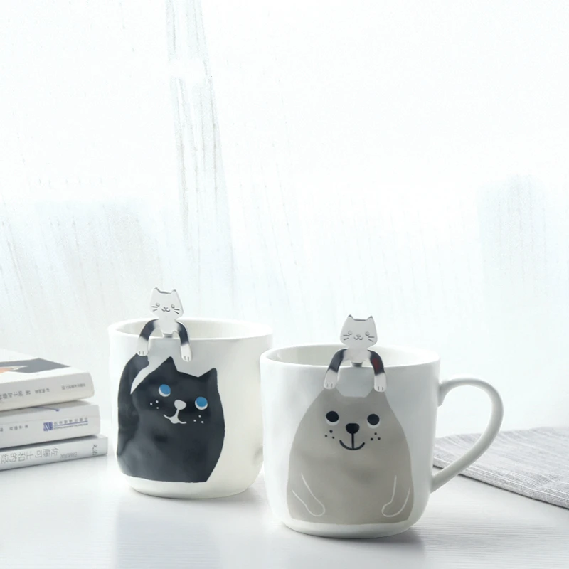 Best Lovely Cartoon Cat Coffee Cup With Stainless Steel Spoon Tea Milk Ceramic Mug Canecas Tazas Para Cafe Best Gift For Lover Family