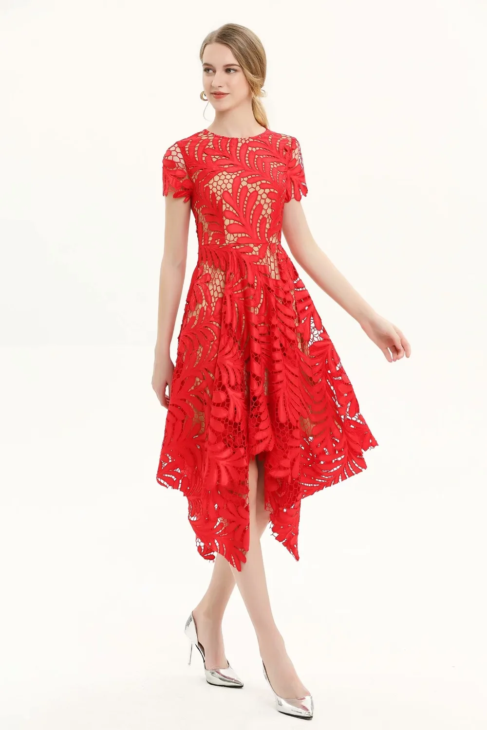 

Summer 2019 New Short-sleeved Water soluble lace Dress 190403Z01