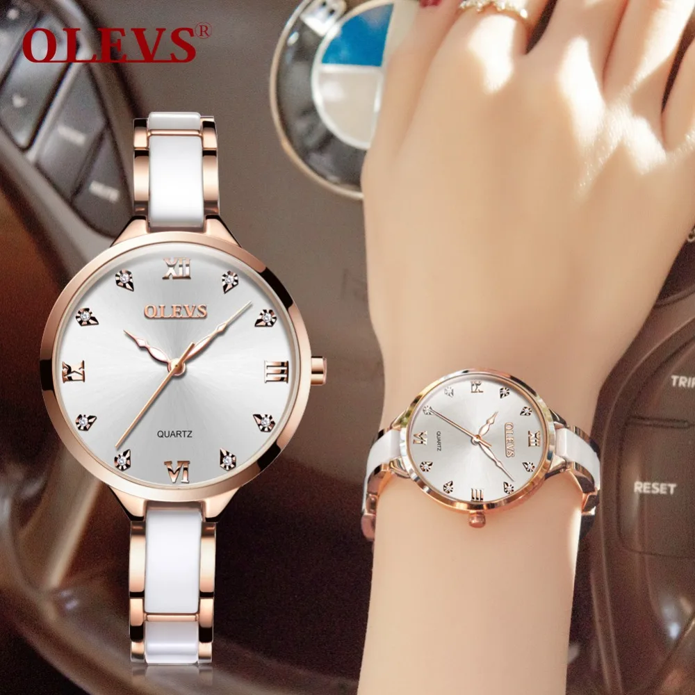 Goedkoop OLEVS Beroemde Luxe Merk Fashion Horloges voor Vrouwen Originele Hoge Kwaliteit Strass Stalen Keramische Armband Dames Horloge