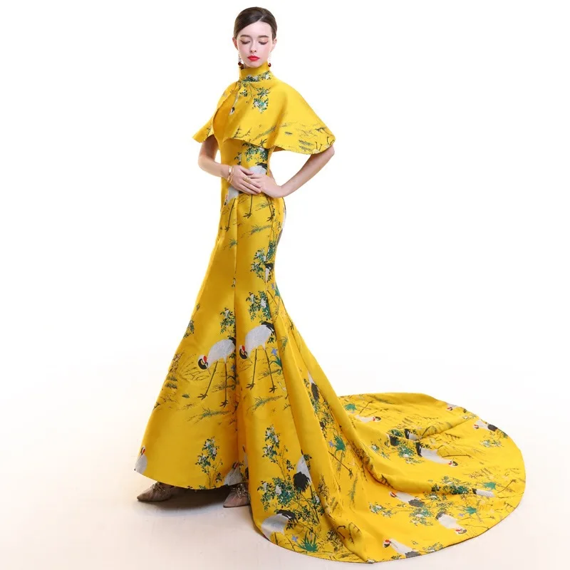 Жёлтое винтажное Ципао длинное современное китайское традиционное платье женское свадебное Восточно-китайское платье Восточный вечер