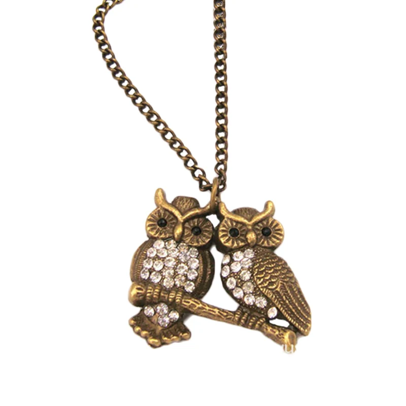 Новинка, винтажное бронзовое ожерелье для влюбленных, выдалбливается, индивидуальная мода, Halskette, оливковое дерево, двойная сова, пара, кристалл, Декор, подвеска
