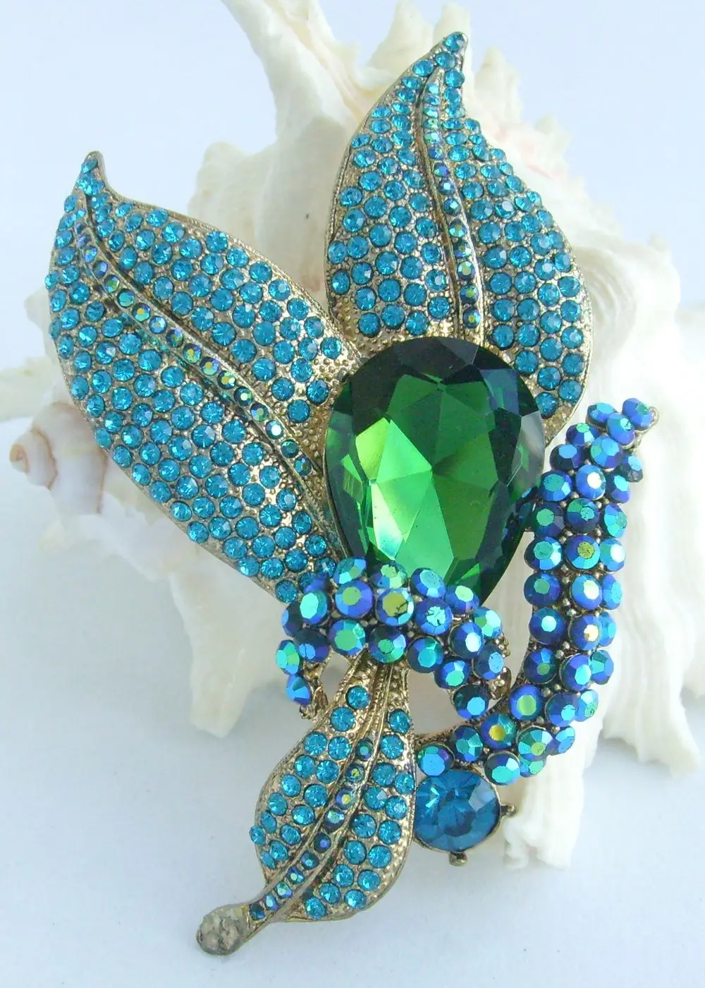 

3.74" Teardrop Leaf Brooch Pin Pendant Blue Green Rhinestone Crystal EE06018C6