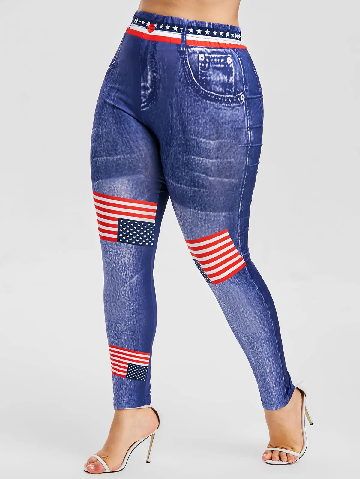 

ROSEGAL Plus Size 3D Jean Print American Flag Leggings High Rise Women Leggings Summer Elastic Waist Fashion Skinny Leggings
