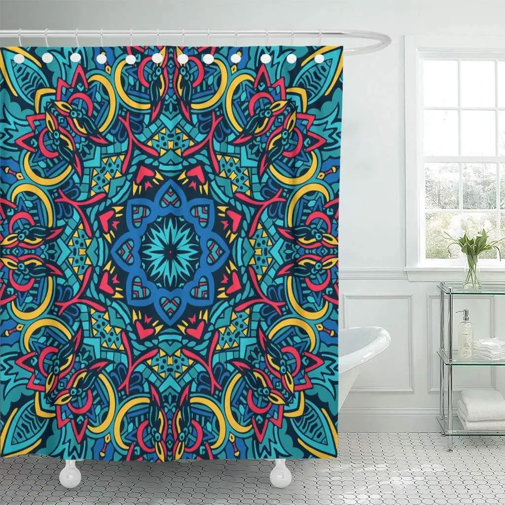 Shower Curtain with Hooks Colorful African Abstract Mandala Border