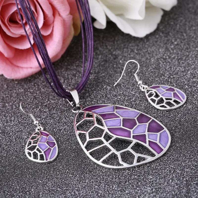 

Vintage costume jewelry Silver plated Geometry Oval Pendant Enamel Jewelry Sets For Women necklace with earrings free shipping