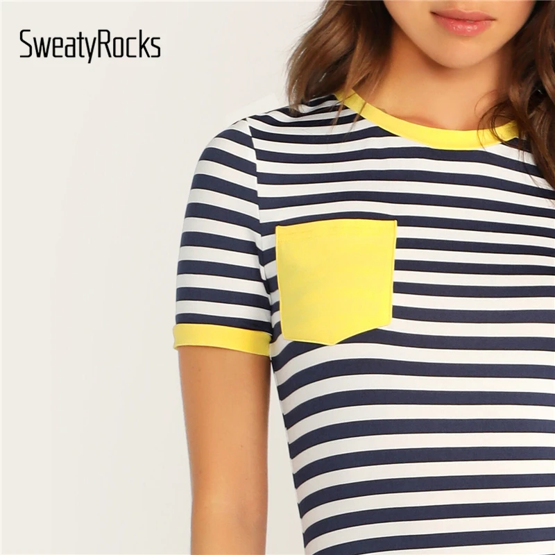 SweatyRocks, Полосатое платье-футболка с карманом и заплатками, женские короткие облегающие платья, разноцветное повседневное женское летнее платье