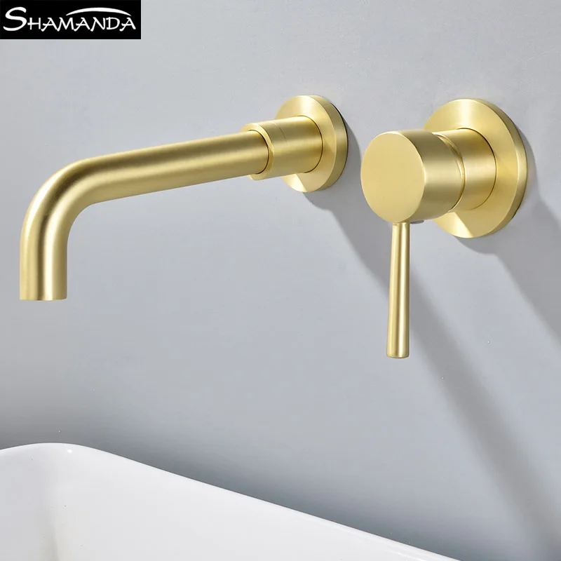 SHAMANDA Solid Brass Black Wall Mounted Basin Faucet Gold Brushed and