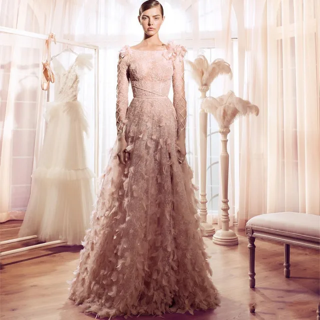 2017 Vintage Feather Wedding Dresses Blush Pink Lace Casamento Bridal