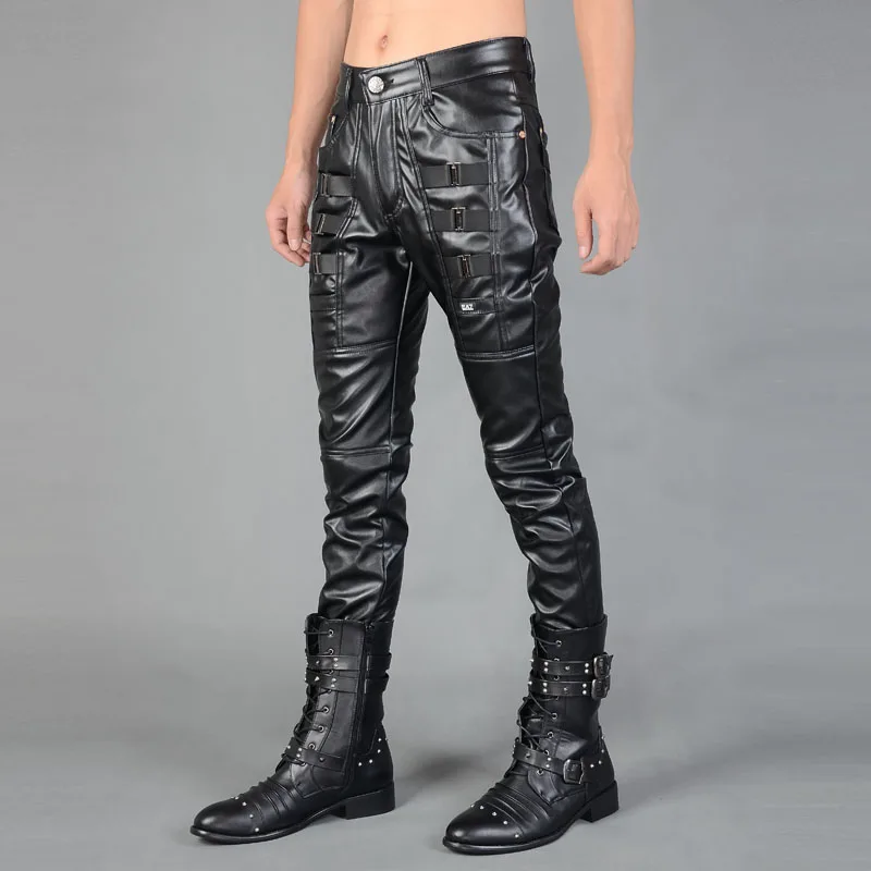 Black motorcycle all match faux leather pants men casual feet trousers ...