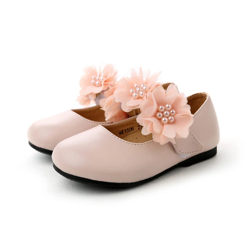 

2018 New Design Korea Style Flower Girls Soft PU Leather Rubber Sole Shoes With Flower Decor Girl Princess Party Bridal Shoes