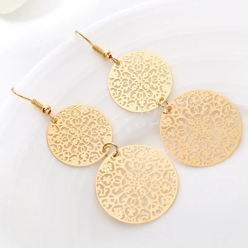 

Gold Round Disk Fishhook Earring Dangle Long Earrings For Women Dress Classic Pattern Hollow Round Bijouterie Hot Sale 08