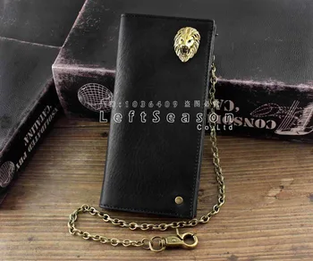

Brass Lion Head Concho Real Leather Card Holder Long Wallet With key Chain