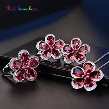 Rainbamabom Настоящее 925 из стерлингового серебра, рубиновое ювелирное изделие с драгоценным камнем, наборы цветочных украшений, ожерелье/серьги/кольцо, вечерние, для коктейлей