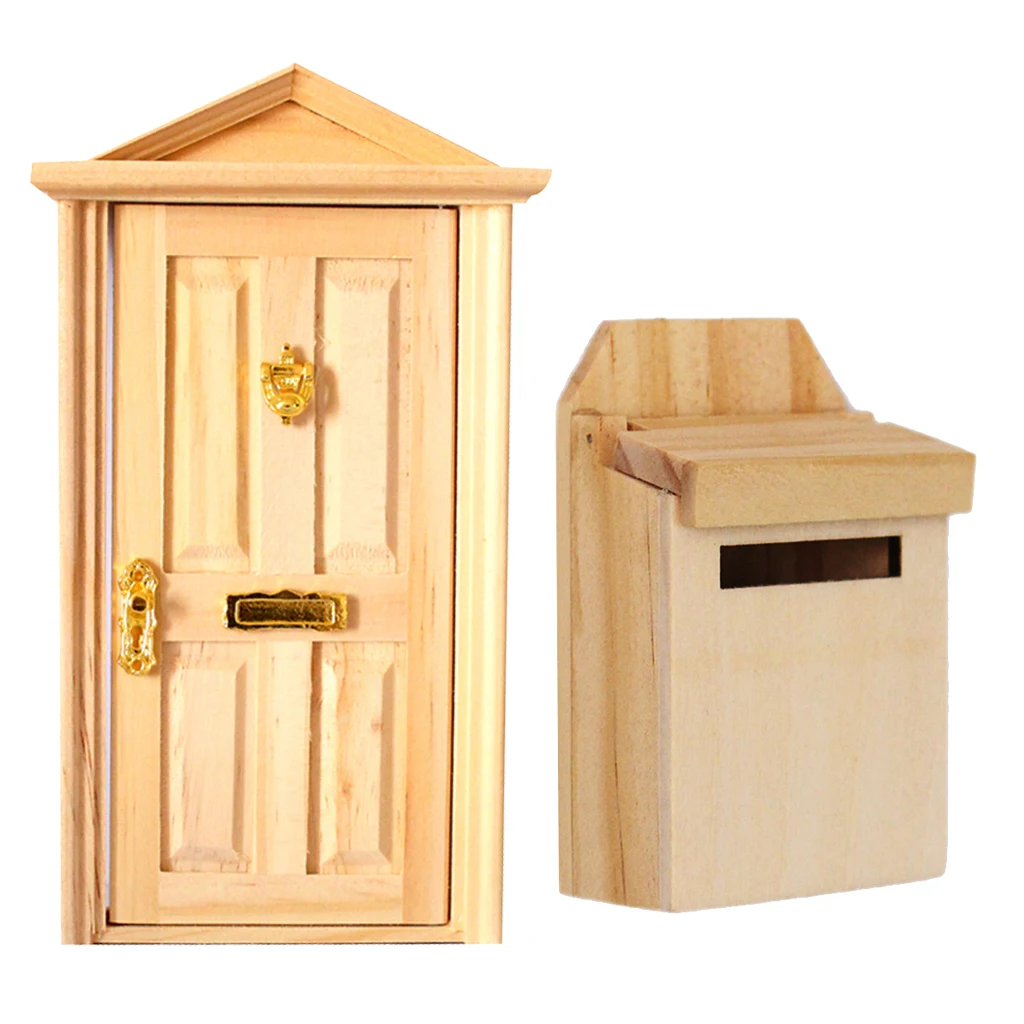 1:12 Dollhouse Miniature Accessory Wooden 4 Panels Door Outwardly Open & Mailbox Natural